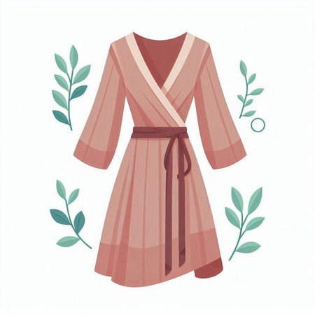 Women's bathrobe with leaves and branches on a white background.のイラスト素材