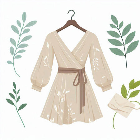 Vector illustration of a beige bathrobe on a hanger with leavesのイラスト素材