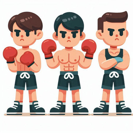 Cartoon illustration of a boxer in different poses. Vector illustration isolated on white background.のイラスト素材