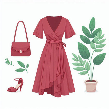 Fashionable woman's clothing set. Red dress, bag, shoes, plant.のイラスト素材