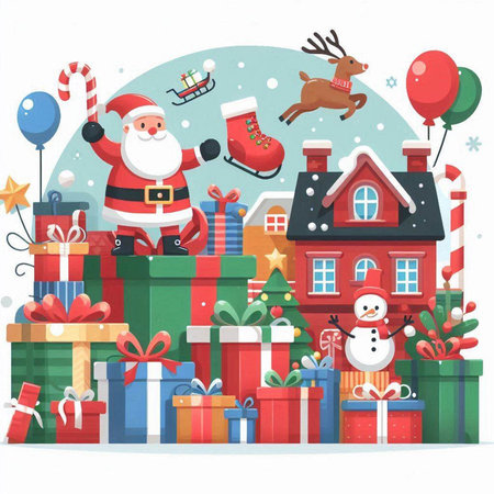 Christmas and New Year card with Santa Claus, reindeer, snowman, house, gifts. Vector illustration.のイラスト素材