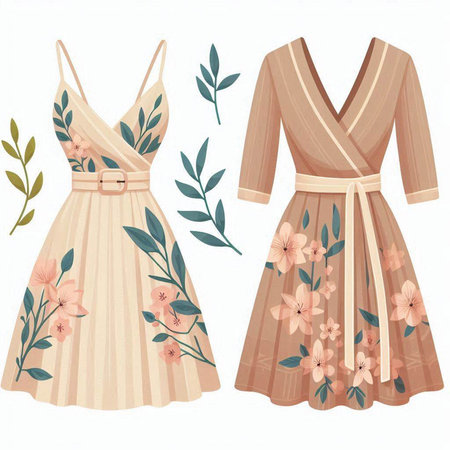 Set of women's dresses with flowers and leaves. Vector illustration.のイラスト素材