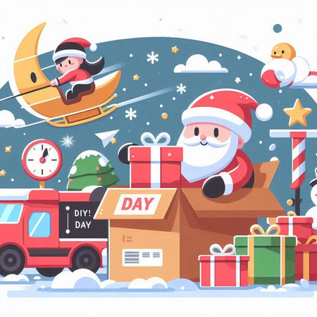 Santa Claus flying in a sleigh with gifts. Vector illustration.のイラスト素材