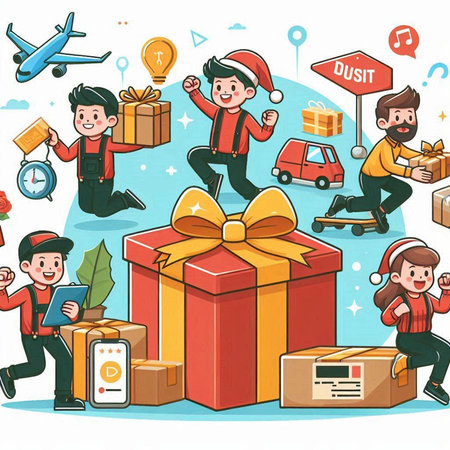 Cartoon vector illustration of delivery people in Santa Claus hat with gifts and boxes.のイラスト素材