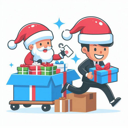 Santa Claus and business man with gift boxes. Vector illustration in cartoon style.のイラスト素材