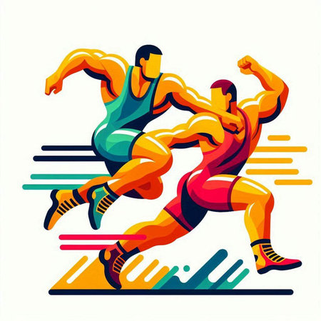 Two running men in motion. Sport vector illustration isolated on white background.のイラスト素材