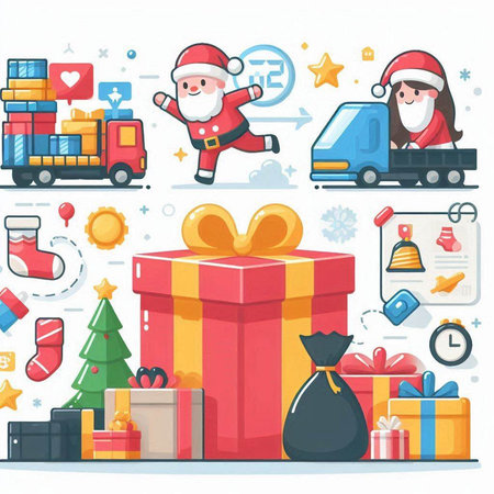 Christmas and New Year icons set with Santa Claus, gift boxes, Christmas tree, truck, snowflakes, presents. Vector illustrationのイラスト素材