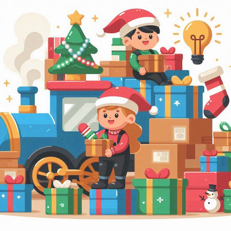 Children in Santa Claus costume with Christmas gifts and toys. Vector illustration.のイラスト素材