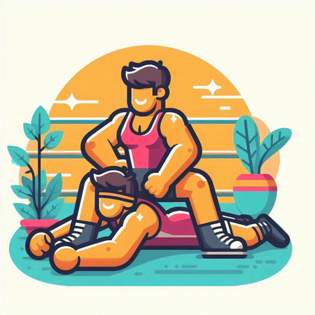 Vector illustration of man in sportswear doing exercises at home.のイラスト素材