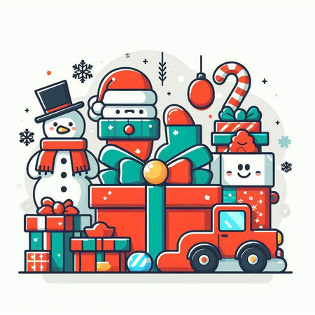 Christmas and New Year illustration with Santa Claus, snowman, truck and gifts.のイラスト素材