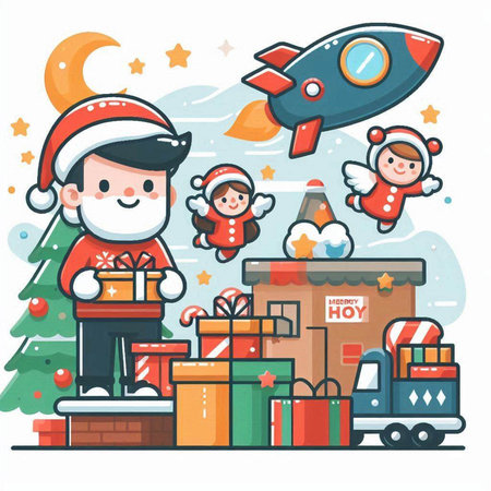 Christmas and New Year vector illustration. Santa Claus, elf, snowman, rocket, gift box and snowman.のイラスト素材