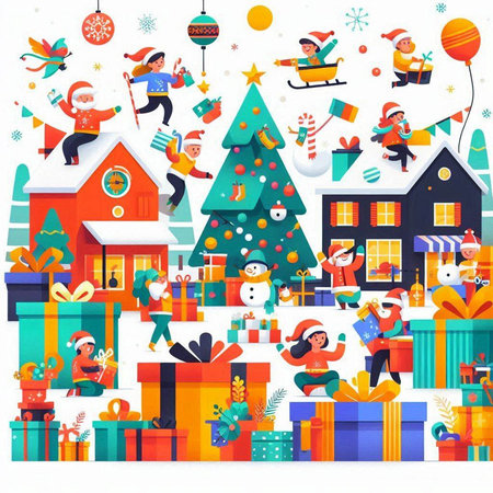 Christmas and New Year background with Santa Claus, people and presents. Vector illustrationのイラスト素材