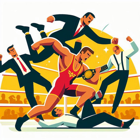 Cartoon illustration of a team of business people fighting in the ringのイラスト素材