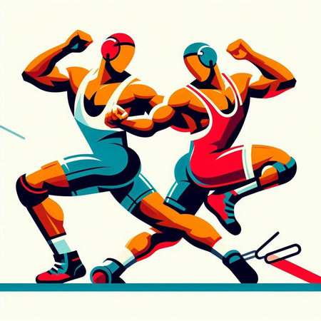 Two sportsmen fight with boxing gloves. Vector illustration in retro style.のイラスト素材
