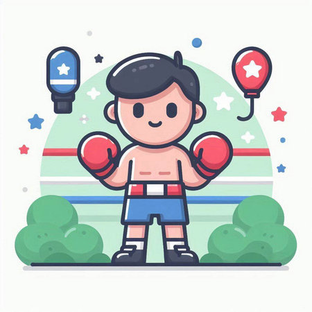 Cute little boy boxer in boxing ring. Vector flat cartoon illustrationのイラスト素材