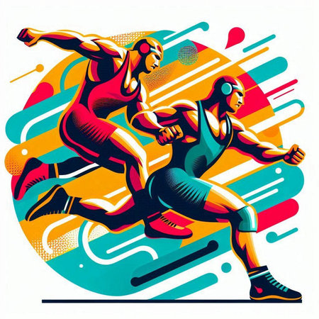 Two running men, man and woman, vector illustration, sport backgroundのイラスト素材