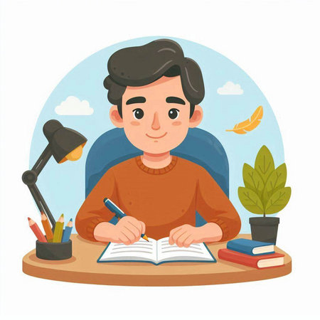 Vector illustration of a boy doing homework at home. Flat style.のイラスト素材