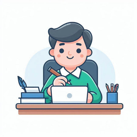 Man working on laptop in office. Vector illustration in cartoon style.のイラスト素材