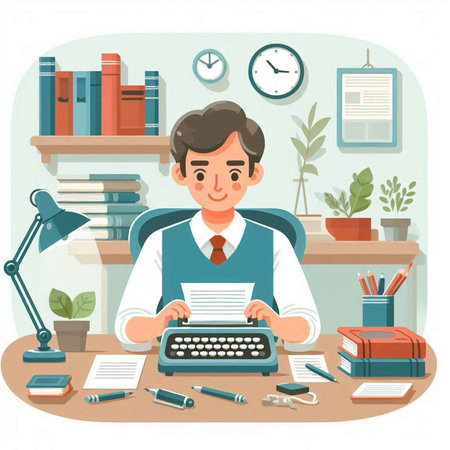 Man working with typewriter at office. Flat style vector illustration.のイラスト素材