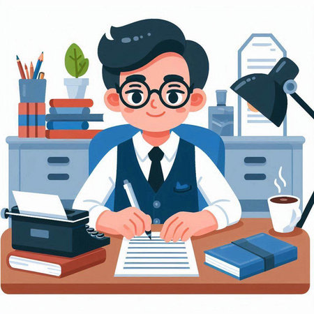 Schoolboy sitting at desk and writing in notebook. Vector illustration.のイラスト素材