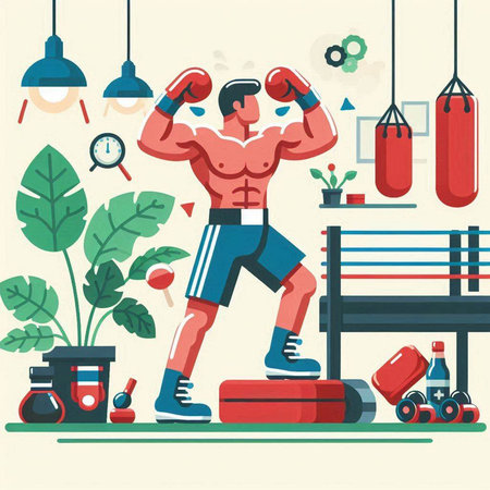 Vector flat style illustration of a man in the gym. Bodybuilding concept.のイラスト素材