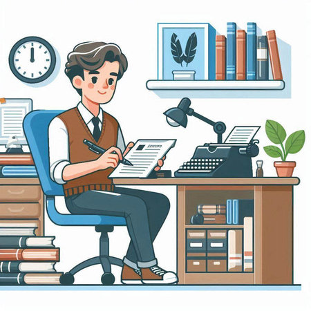 Man working at his desk in office. Vector illustration in cartoon style.のイラスト素材