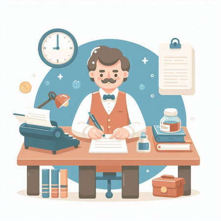 Flat design illustration of a man sitting at his desk writing notes.のイラスト素材