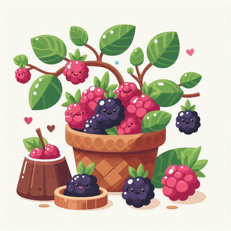 Cute cartoon vector illustration of berries in a basket with chocolate puddingのイラスト素材