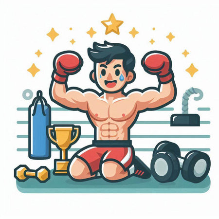 Vector illustration of a boxer with a cup and dumbbells.のイラスト素材
