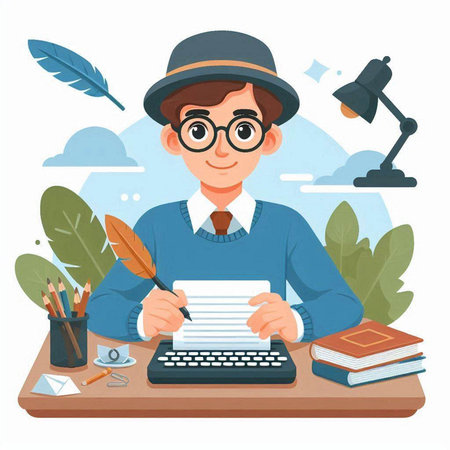 Handsome boy writer sitting at the desk with a typewriter. Vector illustrationのイラスト素材