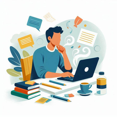 Vector illustration of a man sitting at a desk and working on a laptop.のイラスト素材