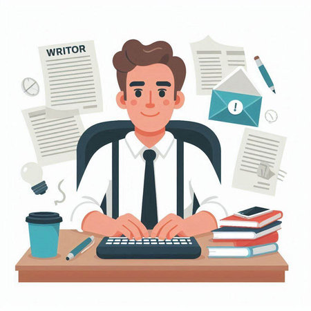 Businessman working at his desk. Vector illustration in cartoon style.のイラスト素材