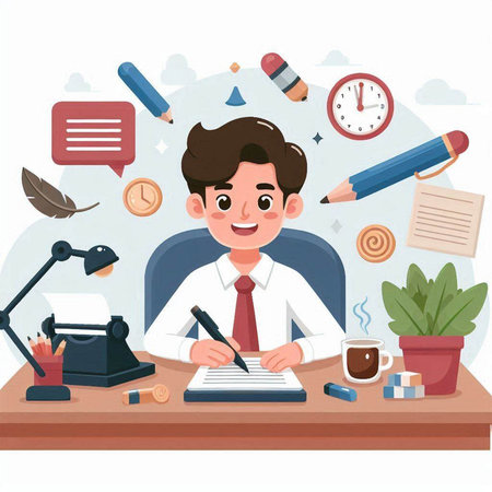 Businessman working at office desk. Vector illustration in cartoon style.のイラスト素材