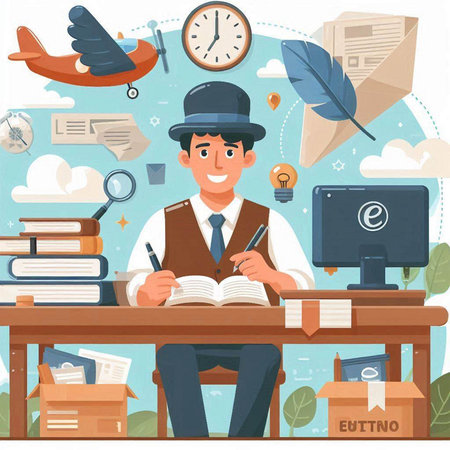 Cartoon vector illustration of a detective sitting at his desk and writing in a notebookのイラスト素材