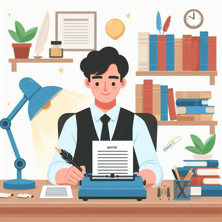 Businessman writing on typewriter in office, flat vector illustration.のイラスト素材