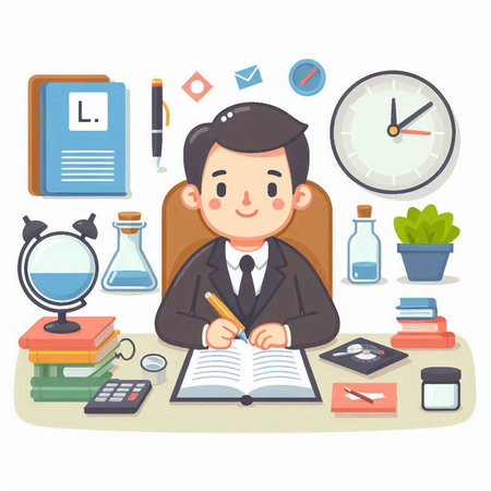 Businessman working at office desk. Vector illustration in cartoon style.のイラスト素材