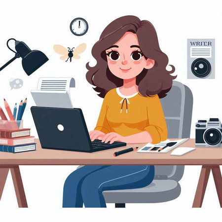 Young woman working at home office. Vector illustration in cartoon style.のイラスト素材