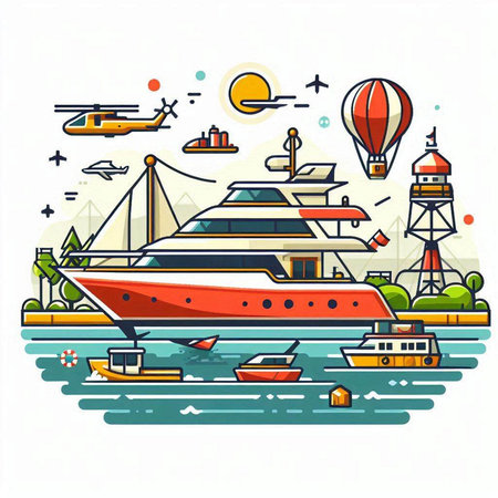Vector illustration of sea transportation. Flat line art style design for web, site, advertising, banner, poster, board and print.のイラスト素材