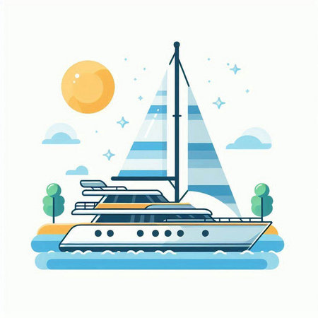 Yacht on the water. Vector illustration in flat cartoon style.のイラスト素材