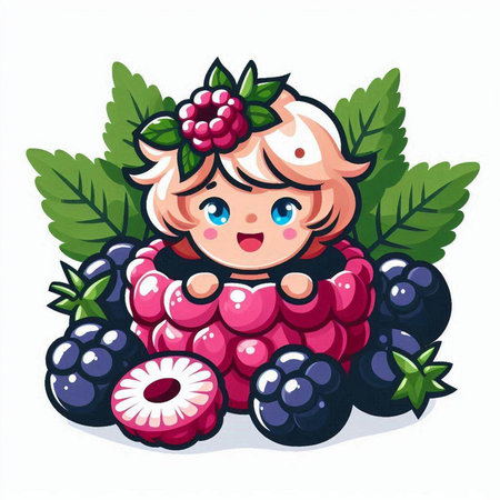 Cute little girl with raspberries and blackberries. Vector illustration.のイラスト素材