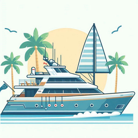 Luxury yacht on the background of palm trees. Vector illustrationのイラスト素材
