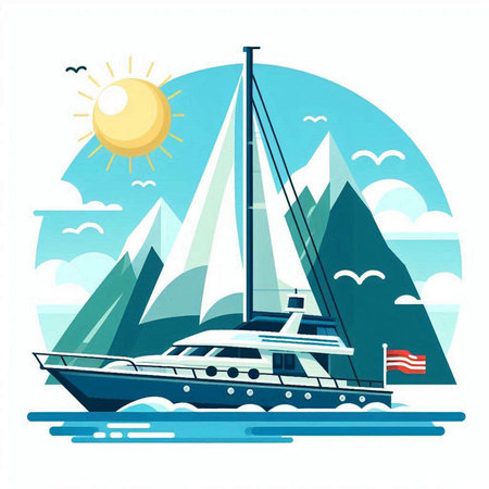 Yacht in the sea with mountains and sun. Vector illustration.のイラスト素材