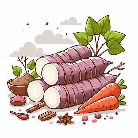 Vector illustration of fresh carrots with leaves and spices on white background.のイラスト素材