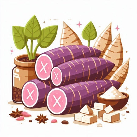 Illustration of sweet potato in a pot. Vegetarian food.のイラスト素材