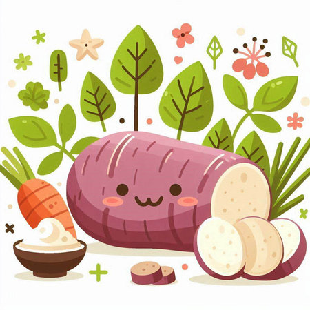 Illustration of Cute Sweet Potato with Herbs and Vegetablesのイラスト素材