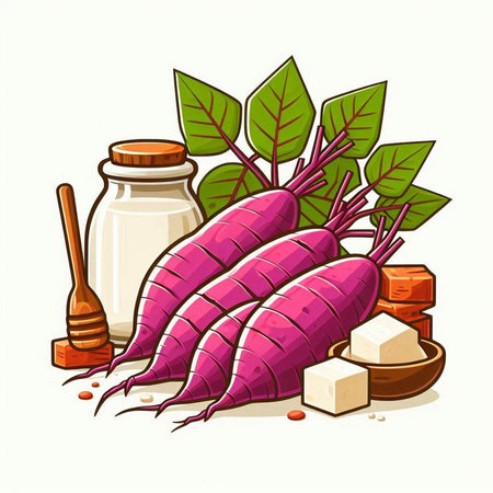 Illustration of fresh purple radish with a spoon and a jar of milkのイラスト素材