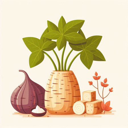 Flat design vector illustration of root vegetable in vase with leaves.のイラスト素材