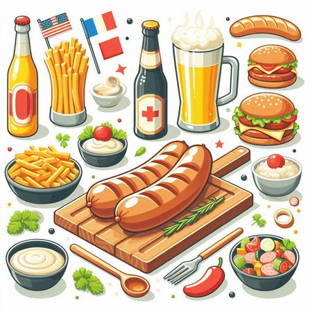 Vector illustration of a set of food and drinks on a white background.のイラスト素材