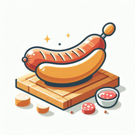 Sausage on a wooden board. Vector illustration in flat style.のイラスト素材