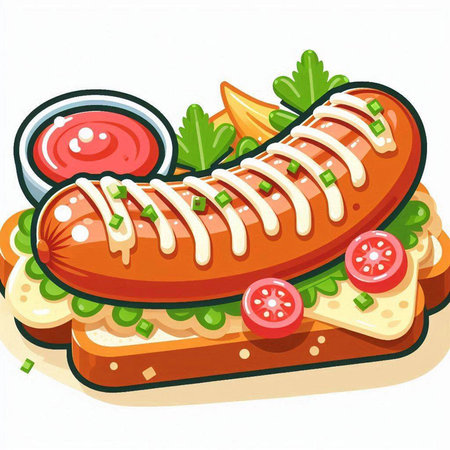 Illustration of a hot dog with lettuce, tomatoes and ketchupのイラスト素材